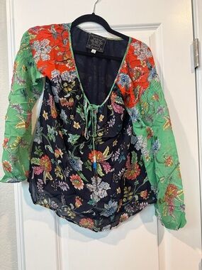 Johnny Was Floral Tie-Front Blouse in Black, Green & Red